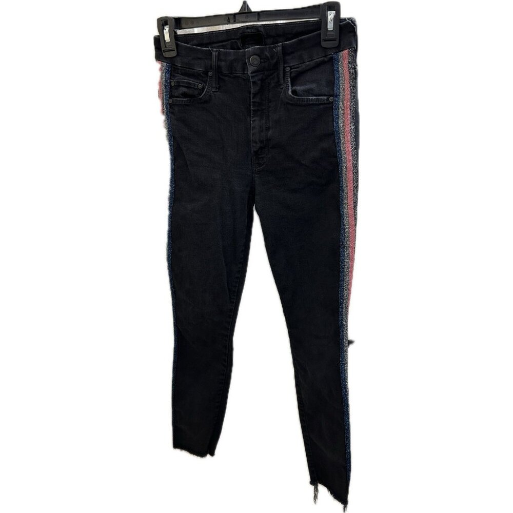 Mother High Waisted Looker Ankle Fray Black Guilty Glitter Racer Stripe Jeans 26